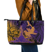 Hawaiian Volcano and Shark Leather Tote Bag Polynesian and Hibiscus Pattern Purple Yellow Gradient