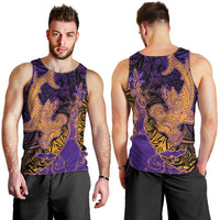 Hawaiian Volcano and Shark Men Tank Top Polynesian and Hibiscus Pattern Purple Yellow Gradient