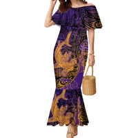 Hawaiian Volcano and Shark Mermaid Dress Polynesian and Hibiscus Pattern Purple Yellow Gradient LT03 Women Purple - Polynesian Pride