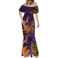 Hawaiian Volcano and Shark Mermaid Dress Polynesian and Hibiscus Pattern Purple Yellow Gradient LT03 - Polynesian Pride