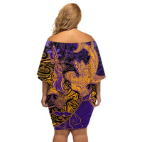 Hawaiian Volcano and Shark Off Shoulder Short Dress Polynesian and Hibiscus Pattern Purple Yellow Gradient LT03 - Polynesian Pride