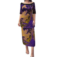 Hawaiian Volcano and Shark Puletasi Polynesian and Hibiscus Pattern Purple Yellow Gradient LT03 Long Dress Purple - Polynesian Pride