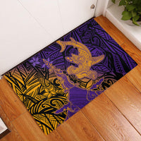 Hawaiian Volcano and Shark Rubber Doormat Polynesian and Hibiscus Pattern Purple Yellow Gradient