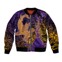 Hawaiian Volcano and Shark Sleeve Zip Bomber Jacket Polynesian and Hibiscus Pattern Purple Yellow Gradient