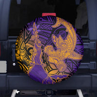 Hawaiian Volcano and Shark Spare Tire Cover Polynesian and Hibiscus Pattern Purple Yellow Gradient