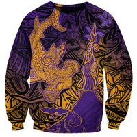 Hawaiian Volcano and Shark Sweatshirt Polynesian and Hibiscus Pattern Purple Yellow Gradient