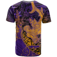 Hawaiian Volcano and Shark T Shirt Polynesian and Hibiscus Pattern Purple Yellow Gradient