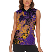 Hawaiian Volcano and Shark Women Sleeveless Polo Shirt Polynesian and Hibiscus Pattern Purple Yellow Gradient