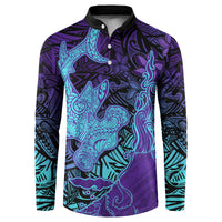 Hawaiian Volcano and Shark Button Sweatshirt Polynesian and Hibiscus Pattern Purple Cyan Gradient