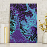 Hawaiian Volcano and Shark Canvas Wall Art Polynesian and Hibiscus Pattern Purple Cyan Gradient