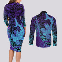 Hawaiian Volcano and Shark Couples Matching Long Sleeve Bodycon Dress and Long Sleeve Button Shirt Polynesian and Hibiscus Pattern Purple Cyan Gradient