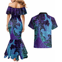 Hawaiian Volcano and Shark Couples Matching Mermaid Dress and Hawaiian Shirt Polynesian and Hibiscus Pattern Purple Cyan Gradient