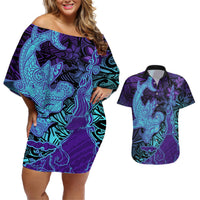 Hawaiian Volcano and Shark Couples Matching Off Shoulder Short Dress and Hawaiian Shirt Polynesian and Hibiscus Pattern Purple Cyan Gradient LT03 Purple - Polynesian Pride