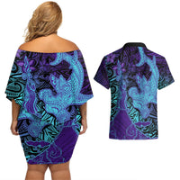 Hawaiian Volcano and Shark Couples Matching Off Shoulder Short Dress and Hawaiian Shirt Polynesian and Hibiscus Pattern Purple Cyan Gradient LT03 - Polynesian Pride