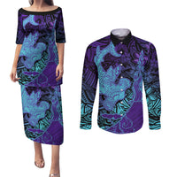 Hawaiian Volcano and Shark Couples Matching Puletasi and Long Sleeve Button Shirt Polynesian and Hibiscus Pattern Purple Cyan Gradient LT03 Purple - Polynesian Pride