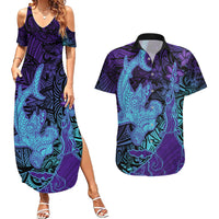 Hawaiian Volcano and Shark Couples Matching Summer Maxi Dress and Hawaiian Shirt Polynesian and Hibiscus Pattern Purple Cyan Gradient LT03 Purple - Polynesian Pride