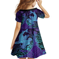 Hawaiian Volcano and Shark Family Matching Off Shoulder Short Dress and Hawaiian Shirt Polynesian and Hibiscus Pattern Purple Cyan Gradient