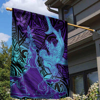 Hawaiian Volcano and Shark Garden Flag Polynesian and Hibiscus Pattern Purple Cyan Gradient