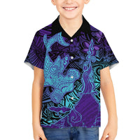 Hawaiian Volcano and Shark Hawaiian Shirt Polynesian and Hibiscus Pattern Purple Cyan Gradient LT03 - Polynesian Pride