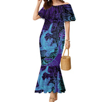 Hawaiian Volcano and Shark Mermaid Dress Polynesian and Hibiscus Pattern Purple Cyan Gradient LT03 Women Purple - Polynesian Pride