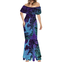 Hawaiian Volcano and Shark Mermaid Dress Polynesian and Hibiscus Pattern Purple Cyan Gradient LT03 - Polynesian Pride