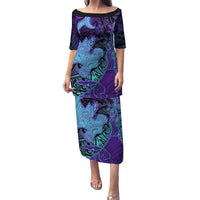 Hawaiian Volcano and Shark Puletasi Polynesian and Hibiscus Pattern Purple Cyan Gradient LT03 Long Dress Purple - Polynesian Pride