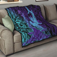 Hawaiian Volcano and Shark Quilt Polynesian and Hibiscus Pattern Purple Cyan Gradient