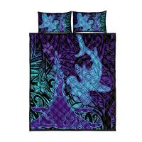 Hawaiian Volcano and Shark Quilt Bed Set Polynesian and Hibiscus Pattern Purple Cyan Gradient