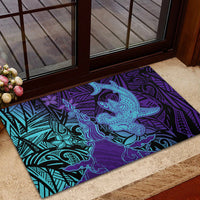 Hawaiian Volcano and Shark Rubber Doormat Polynesian and Hibiscus Pattern Purple Cyan Gradient
