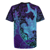 Hawaiian Volcano and Shark Rugby Jersey Polynesian and Hibiscus Pattern Purple Cyan Gradient LT03 - Polynesian Pride