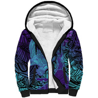 Hawaiian Volcano and Shark Sherpa Hoodie Polynesian and Hibiscus Pattern Purple Cyan Gradient LT03 Unisex Purple - Polynesian Pride