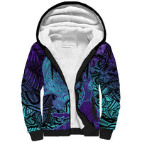Hawaiian Volcano and Shark Sherpa Hoodie Polynesian and Hibiscus Pattern Purple Cyan Gradient