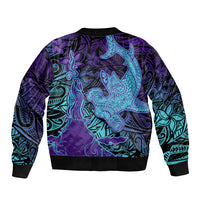 Hawaiian Volcano and Shark Sleeve Zip Bomber Jacket Polynesian and Hibiscus Pattern Purple Cyan Gradient