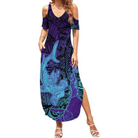 Hawaiian Volcano and Shark Summer Maxi Dress Polynesian and Hibiscus Pattern Purple Cyan Gradient LT03 Women Purple - Polynesian Pride