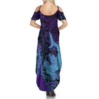 Hawaiian Volcano and Shark Summer Maxi Dress Polynesian and Hibiscus Pattern Purple Cyan Gradient