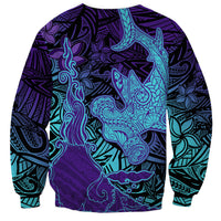 Hawaiian Volcano and Shark Sweatshirt Polynesian and Hibiscus Pattern Purple Cyan Gradient