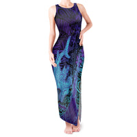 Hawaiian Volcano and Shark Tank Maxi Dress Polynesian and Hibiscus Pattern Purple Cyan Gradient LT03 Women Purple - Polynesian Pride