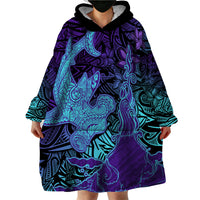 Hawaiian Volcano and Shark Wearable Blanket Hoodie Polynesian and Hibiscus Pattern Purple Cyan Gradient