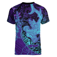 Hawaiian Volcano and Shark Women V-Neck T-Shirt Polynesian and Hibiscus Pattern Purple Cyan Gradient