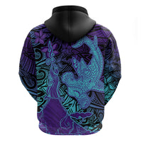 Hawaiian Volcano and Shark Zip Hoodie Polynesian and Hibiscus Pattern Purple Cyan Gradient LT03 - Polynesian Pride