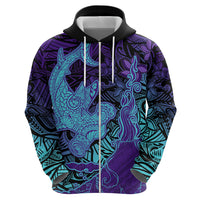 Hawaiian Volcano and Shark Zip Hoodie Polynesian and Hibiscus Pattern Purple Cyan Gradient LT03 - Polynesian Pride