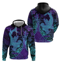 Hawaiian Volcano and Shark Zip Hoodie Polynesian and Hibiscus Pattern Purple Cyan Gradient LT03 - Polynesian Pride