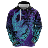 Hawaiian Volcano and Shark Zip Hoodie Polynesian and Hibiscus Pattern Purple Cyan Gradient LT03 - Polynesian Pride