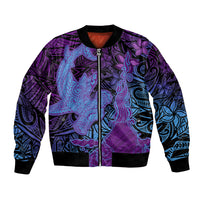 Hawaiian Volcano and Shark Bomber Jacket Polynesian and Hibiscus Pattern Violet Gradient