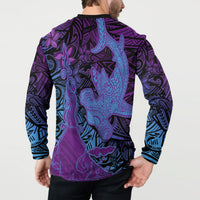 Hawaiian Volcano and Shark Button Sweatshirt Polynesian and Hibiscus Pattern Violet Gradient