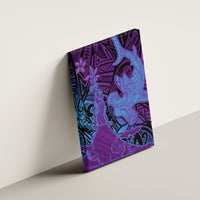 Hawaiian Volcano and Shark Canvas Wall Art Polynesian and Hibiscus Pattern Violet Gradient
