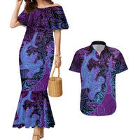 Hawaiian Volcano and Shark Couples Matching Mermaid Dress and Hawaiian Shirt Polynesian and Hibiscus Pattern Violet Gradient LT03 Violet - Polynesian Pride