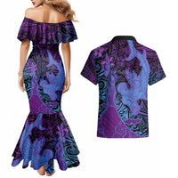 Hawaiian Volcano and Shark Couples Matching Mermaid Dress and Hawaiian Shirt Polynesian and Hibiscus Pattern Violet Gradient LT03 - Polynesian Pride