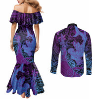 Hawaiian Volcano and Shark Couples Matching Mermaid Dress and Long Sleeve Button Shirt Polynesian and Hibiscus Pattern Violet Gradient LT03 - Polynesian Pride