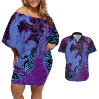 Hawaiian Volcano and Shark Couples Matching Off Shoulder Short Dress and Hawaiian Shirt Polynesian and Hibiscus Pattern Violet Gradient